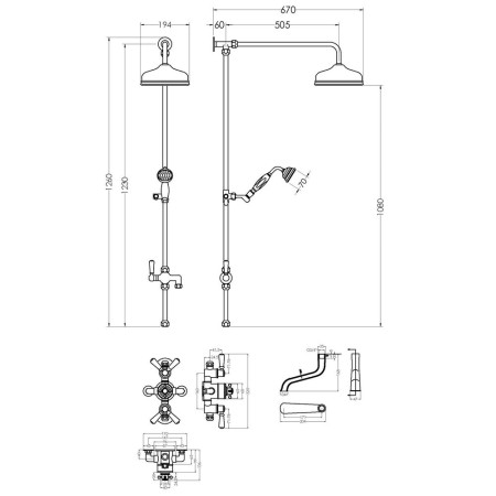 BTSVT103 Hudson Reed Topaz Triple Exposed Shower Valve & Riser Kit with Black Handles Line Drawing
