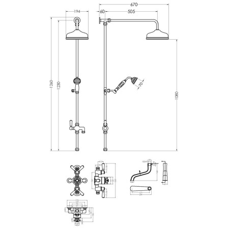 TSVT103 Hudson Reed Topaz Triple Exposed Shower Valve & Riser Kit with White Handles Line Drawing