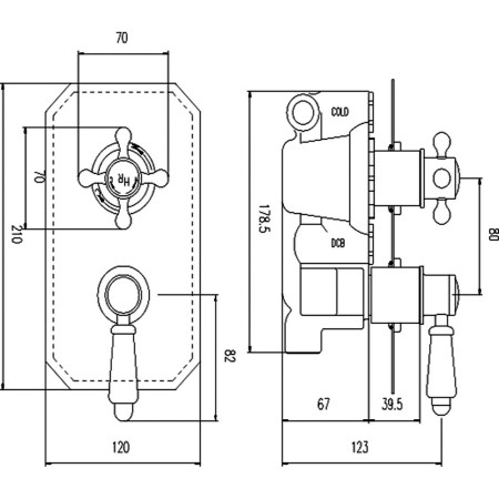 BTSVT002 Hudson Reed Topaz Twin Concealed Shower Valve with Black Ceramic Line Drawing
