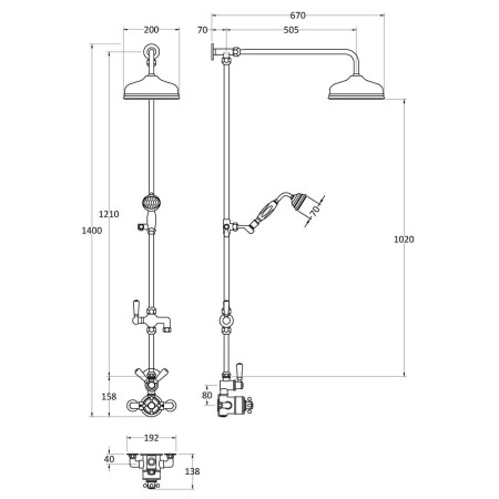 A8119 Hudson Reed Traditional Brushed Brass Thermostatic Shower Valve with Diverter Line Drawing