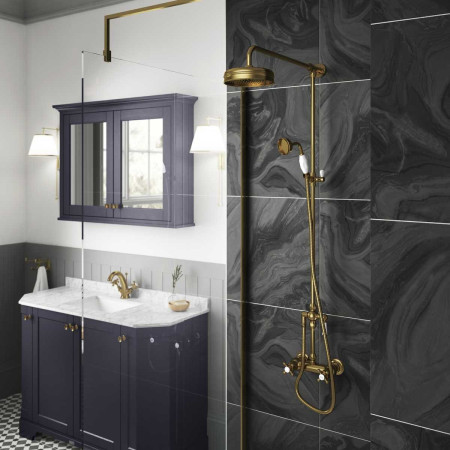 Hudson Reed Brushed Brass Thermostatic Shower Valve with Fixed and Adjustable Heads Room Setting