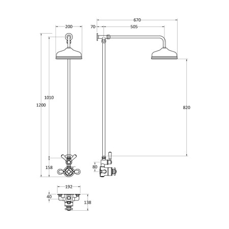 A8120 Hudson Reed Traditional Brushed Brass Thermostatic Shower Valve with Rigid Riser Line Drawing