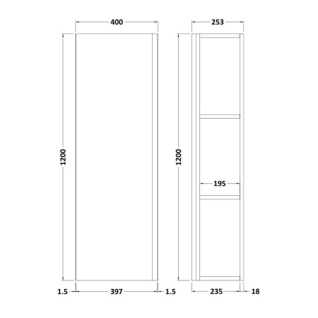 URB862 Hudson Reed Urban 400mm Tall Unit Satin Green Line Drawing