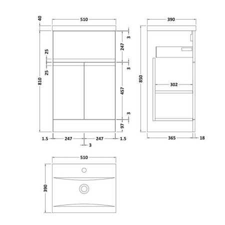 URB1401 Hudson Reed Urban Floor Standing 500mm 2 Door 1 Drawer Vanity Unit Satin Anthracite (2)