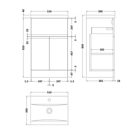 URB1401 Hudson Reed Urban Floor Standing 500mm 2 Door 1 Drawer Vanity Unit Satin Anthracite Line Drawing