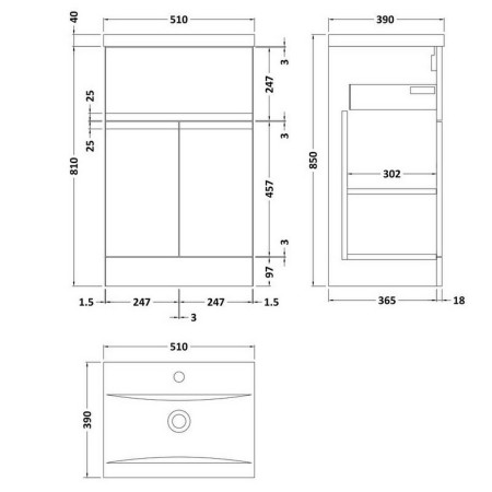 URB101A Hudson Reed Urban Floor Standing 500mm 2 Door 1 Drawer Vanity Unit White Line Drawing