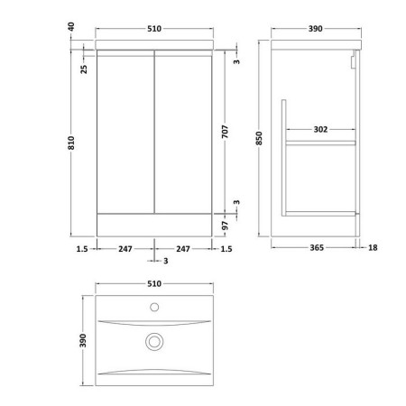 URB1407 Hudson Reed Urban Floor Standing 500mm 2 Door Vanity Unit Satin Anthracite Line Drawing