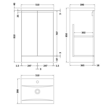URB207A Hudson Reed Urban Floor Standing 500mm 2 Door Vanity Unit Satin Grey Line Drawing