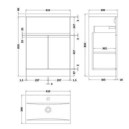 URB1403 Hudson Reed Urban Floor Standing 600mm 2 Door 1 Drawer Vanity Unit Satin Anthracite Line Drawing
