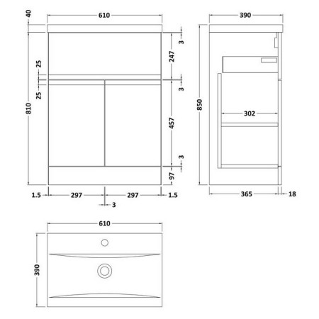 URB303A Hudson Reed Urban Floor Standing 600mm 2 Door 1 Drawer Vanity Unit Blue Line Drawing