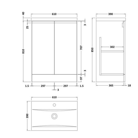 URB1408 Hudson Reed Urban Floor Standing 600mm 2 Door Vanity Unit Satin Anthracite Line Drawing