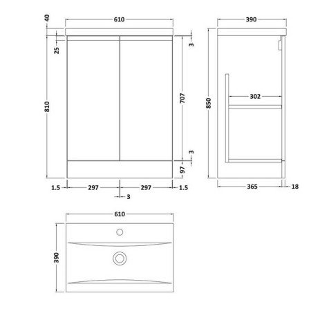 URB308A Hudson Reed Urban Floor Standing 600mm 2 Door Vanity Unit Satin Blue Line Drawing