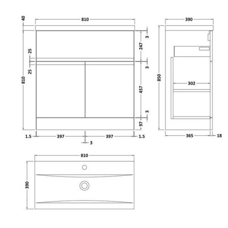 URB305A Hudson Reed Urban Floor Standing 800mm 2 Door 1 Drawer Vanity Unit Blue Line Drawing