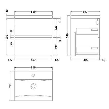 URB302A Hudson Reed Urban Wall Hung 500mm 2 Drawer Vanity Unit Blue Line Drawing