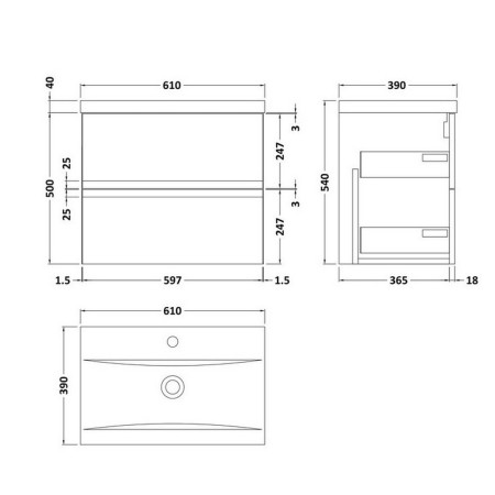 URB1404 Hudson Reed Urban Wall Hung 600mm 2 Drawer Vanity Unit Satin Anthracite Line Drawing
