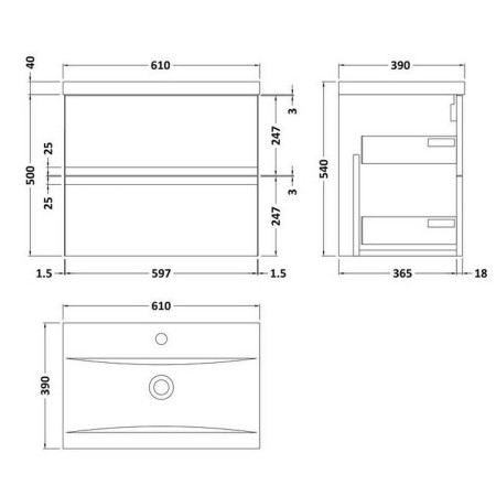 URB104A Hudson Reed Urban Wall Hung 600mm 2 Drawer Vanity Unit White Line Drawing