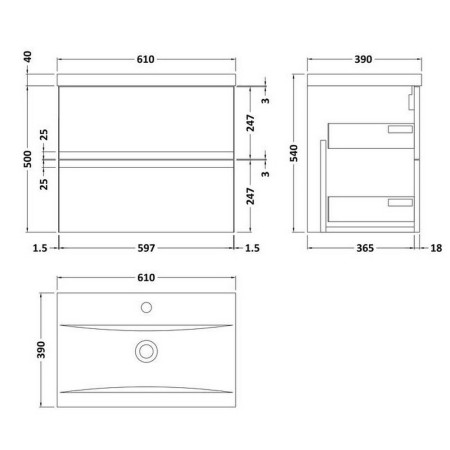 URB204A Hudson Reed Urban Wall Hung 600mm 2 Drawer Vanity Unit Grey Line Drawing