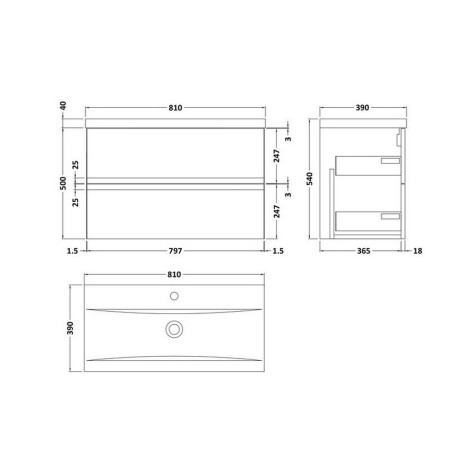 URB1406 Hudson Reed Urban Wall Hung 800mm 2 Drawer Vanity Unit Satin Anthracite Line Drawing