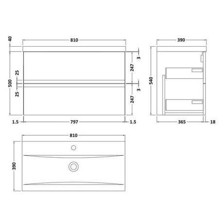 URB106A Hudson Reed Urban Wall Hung 800mm 2 Drawer Vanity Unit White Line Drawing