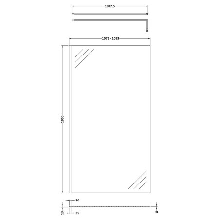 WRSB1100 Hudson Reed Wetroom Shower Screen with Support Bar 1100mm Line Drawing