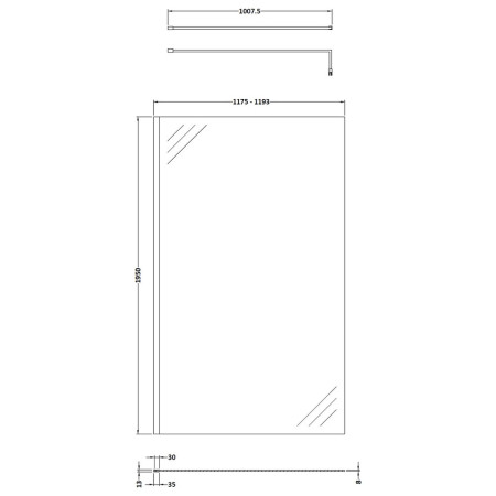 WRSB1200 Hudson Reed Wetroom Shower Screen with Support Bar 1200mm Line Drawing