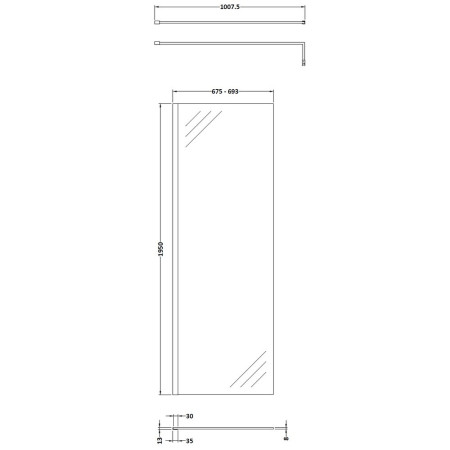 WRSB700 Hudson Reed Wetroom Shower Screen with Support Bar 700mm Line Drawing