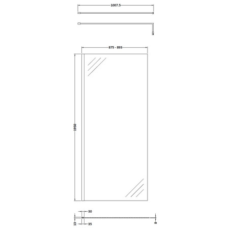 WRSB900 Hudson Reed Wetroom Shower Screen with Support Bar 900mm Line Drawing