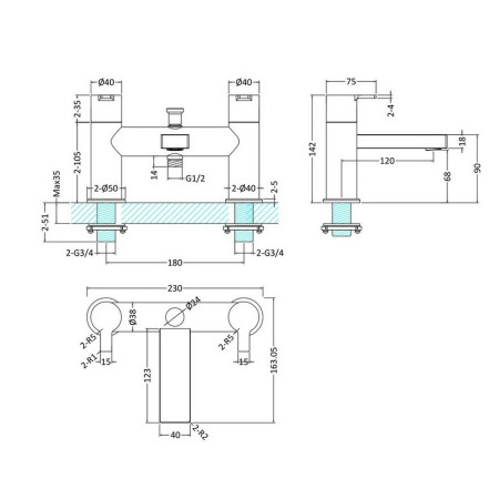 WIL304 Hudson Reed Willow Bath Shower Mixer Line Drawing