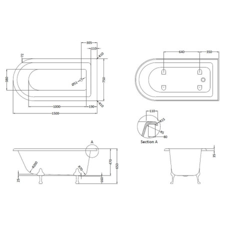 RLF1500 Hudson Reed Winterburn 1500mm Freestanding Shower Bath Line Drawing