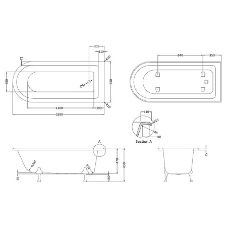 RLF1700 Hudson Reed Winterburn 1700mm Freestanding Shower Bath Line Drawing