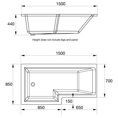 BAT140EL Kartell Elite Left Hand 1500 x 850mm L Shaped Shower Bath Line Drawing