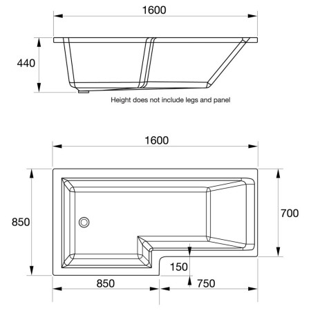 BAT146EL Kartell Elite Right Hand 1600 x 850mm L Shaped Shower Bath Line Drawing