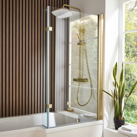 Kartell Ottone Brushed Brass L Shaped 1400 x 820mm Bath Screen