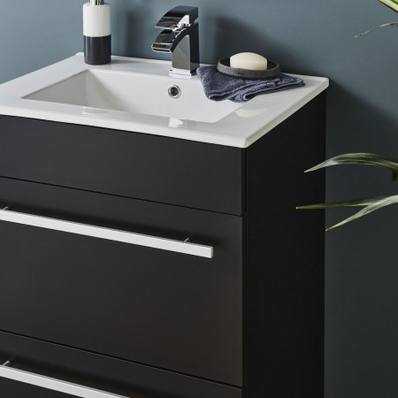 PMB600DR/FUR057PU Kartell Purity Matt Black Floorstanding 600mm Two Drawer Vanity Unit Lifestyle with Chrome Handles