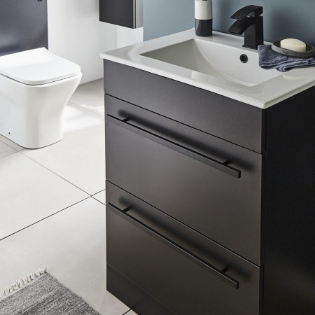 PMB600DR/FUR057PU Kartell Purity Matt Black Floorstanding 600mm Two Drawer Vanity Unit Black Handles Close Up