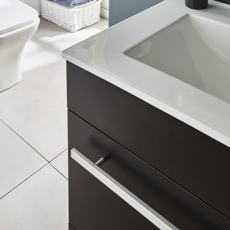 PMB600DR/FUR057PU Kartell Purity Matt Black Floorstanding 600mm Two Drawer Vanity Unit Chrome Handle Close Up