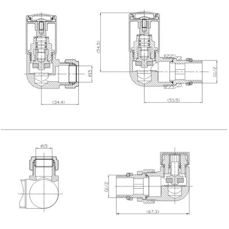 CRNV-GREY Kartell Textured Grey 15mm Corner Radiator Valves Line Drawing