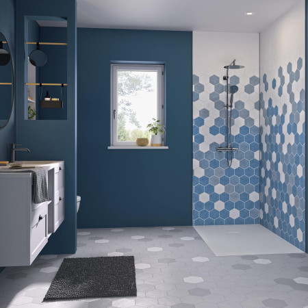 PM360 Kinewall Blue Monochrome Hexagon 1250 x 2500mm Panel Lifestyle