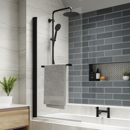 Kudos Inspire Matt Black Single Panel 6mm Bath Screen with Towel Rail