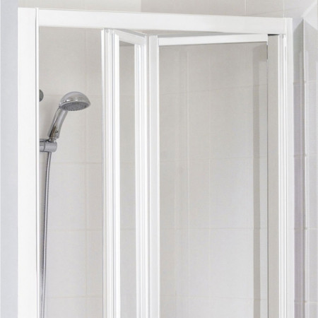 Lakes 1000mm Framed Bifold Shower Door in White Open Door Frame Closeup