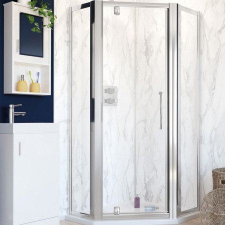 LKVB07005 LPE34-4030 Lakes Bathrooms 900mm Semi Frameless Pentagon Shower Enclosure with Bifold Door (1)