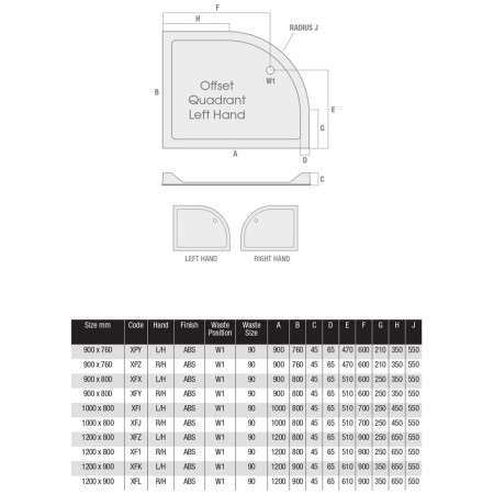 XFJ MX 1000 x 800mm Offset Quadrant Right Hand Durastone Shower Tray Waste Position