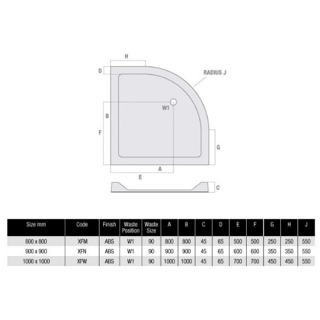 XFM MX 800 x 800 Quadrant Low Profile Durastone Shower Tray Waste Positions