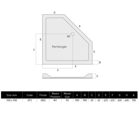 XF2 MX 900 x 900 Flat Top Shower Tray Durastone Low Profile Pentangle Waste Position