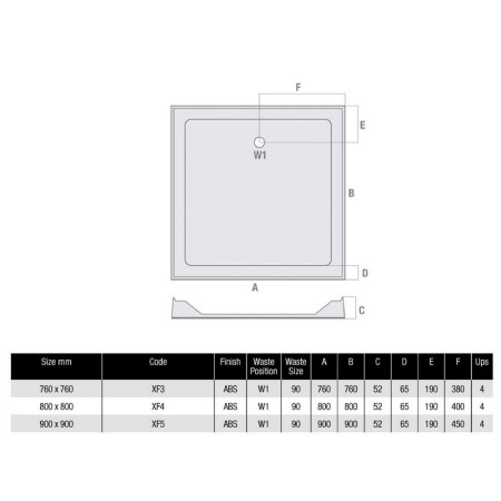 XF5 MX 900mm Square Ducostone Shower Tray With Upstands Low Profile Stone Resin Waste Position