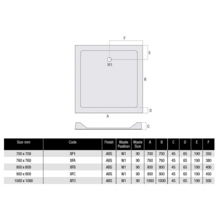 XFC MX 900mm Square Durastone Shower Tray Low Profile Stone Resin Waste Position