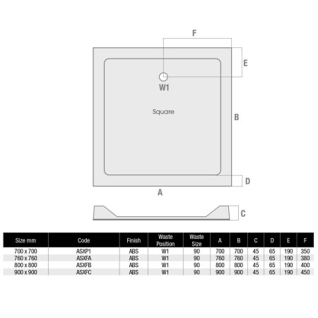 ASXFC MX DucoStone 900 x 900mm Anti Slip Square Shower Tray with 90mm Waste Line Drawing