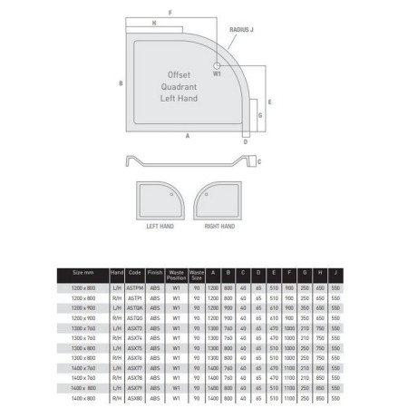 ASX76 MX Elements 1300 x 800mm Right Hand Anti Slip Offset Quadrant Shower Tray Waste Positions
