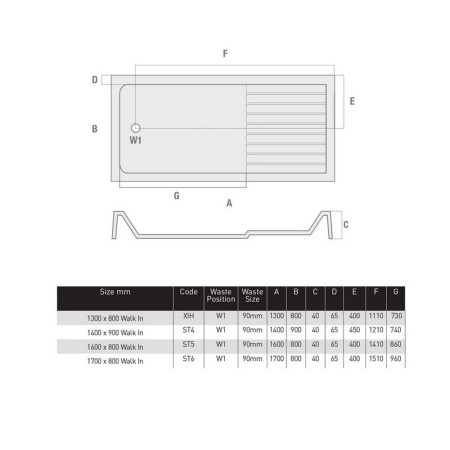 ST6 MX Elements 1700 x 800mm Flat Top Shower Tray with Walk In Drying Area Waste Positions