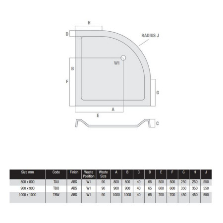 TAU MX Elements 800 x 800mm Quadrant Shower Tray Line Drawing